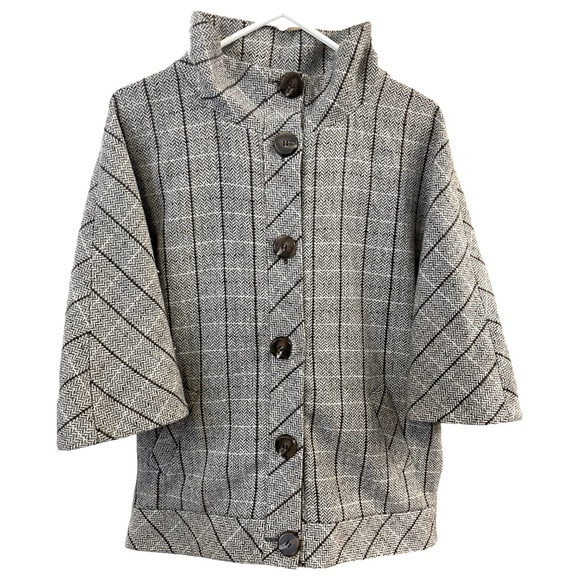 Halogen Wool Tweed Grey Windowpane Poncho Striped Professional Jacket L Gray - Picture 3 of 7